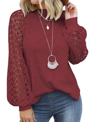 Zeagoo Womens Blouse Elegant Lace Crew Neck Puff Sleeves Long Sleeve Casual Raglan Lace Tops Autumn Blouses Shirt Tunic Top, wine red, XXL