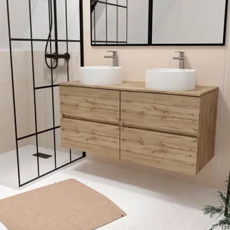 Aurlane Aurlane - Mueble De Ba&ntilde;o 120cm 4 Cajones Roble Natural + 2 Lavabos Blancos &Oslash;36cm
