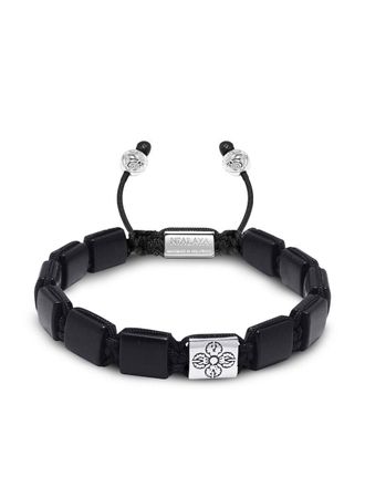 Nialaya engraved-charm beaded bracelet - men - silver/Nylon - L - Black