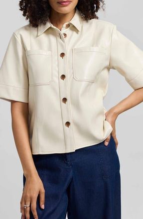 Foxcroft Demi Elbow Sleeve Faux Leather Button-Up Shirt in Cream Ivory at Nordstrom, Size X-Large