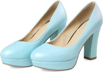 Generic Womens Block Heel Platform Court Shoes - Slip-On Comfortable Pumps for Spring Autumn Work Commute & Parties,Blue,1.5 UK
