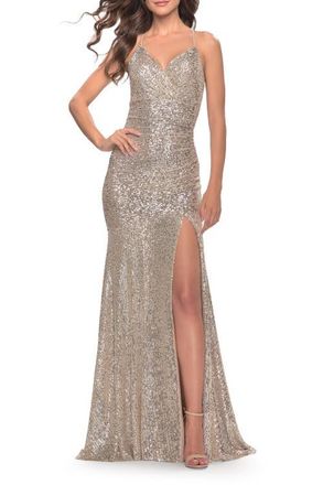 La Femme Long Sequin Gown with Dramatic Flare Skirt and Slit in Silver at Nordstrom, Size 14