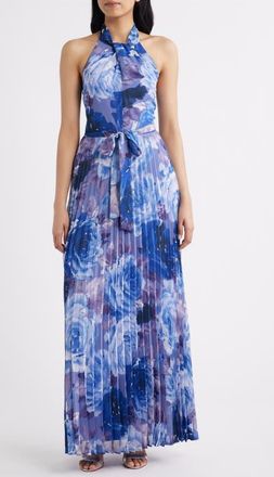 Julia Jordan Floral Chiffon Halter Dress in Purple Multi at Nordstrom, Size 12