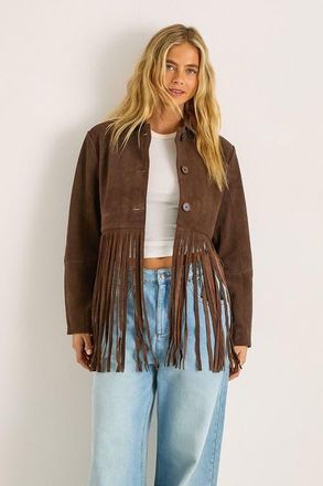 NASTY GAL Real Suede Fringe Jacket in Chocolate at Nordstrom, Size 12