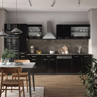 Vicco Mueble De Cocina R-line, Negro/antracita De Alto Brillo, 350 Cm Con Armario Alto, Et Roble