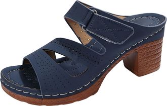 Generic Women Summer Casual Slip On Open Toe Sandals with Comfortable Square Heel Beach Footwear (Navy, 6.5)