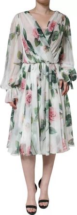 Dolce & Gabbana White Silk Floral Print A-line Midi Womens Dress