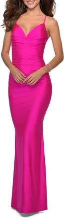La Femme Strappy Back Ruched Trumpet Gown in Neon Pink at Nordstrom, Size 12