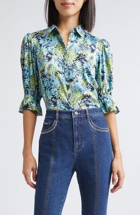 Cinq &agrave; Sept Fiona Dahlia Print Button-Up Shirt in Tropical Sky Multi at Nordstrom, Size X-Small