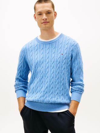 Tommy Hilfiger Strickpullover TOMMY HILFIGER CLASSIC CABLE CREW NECK mit Strukturstrick und Flaglabel, Herren, Gr. XL, well water heather, Obermaterial: 100% Baumwol
