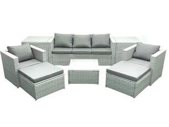 Fimous 7 Seater Rattan Garden Furniture Set with 3 Seater Sofa 2 Chair Square Coffee Table 2 Big Footstools 2 Side Tables Light Grey Mixed