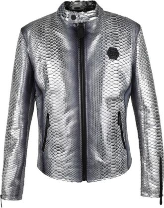 Philipp Plein Python Leather Moto Jacket - Heren - Zomerjassen - Grijs - XL - Leer - Jassen