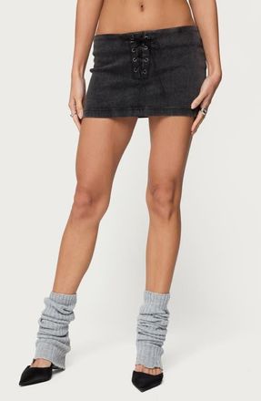 Edikted Lace Up Stretch Denim Miniskirt in Black-Washed at Nordstrom, Size X-Small