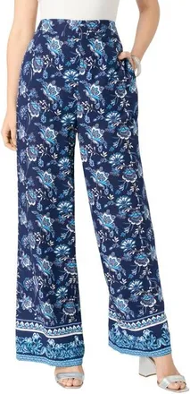 Roaman's Plus Size Printed Wide Leg Pant in Navy Porcelain Border at Nordstrom, Size 16