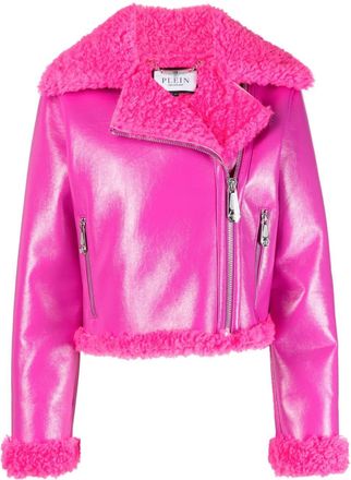 Philipp Plein faux shearling-trim biker jacket - women - Polyester/Polyurethane - M - Pink