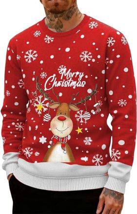 Generic Ugly Christmas Jumpers for Men Crew Neck with Long Sleeves, Warm Cosy Xmas Jumper Funny Christmas Sweater Men Novelty Graphic Reindeer Snowflakes Knit