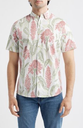 Reyn Spooner Ginger Burst Short Sleeve Button-Down Cotton Blend Sport Shirt in White at Nordstrom, Size X-Large