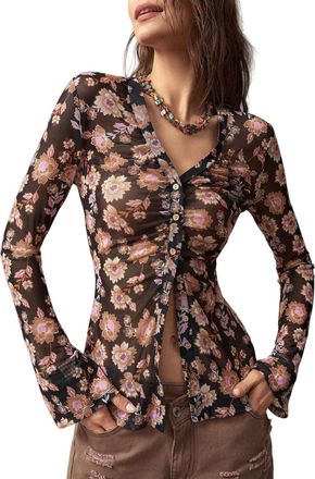 Generic Mesh Top Long Sleeve, Summer Fashion Vintage Floral Mesh V Neck Fitted Tops for Women Button Down Long Sleeve Shirts (Patterned,L)