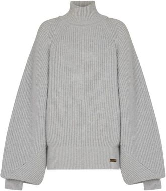 Balmain Batwing Ribgebreide Trui - Dames - Coltruien - Grijs - M - Truien & Vesten