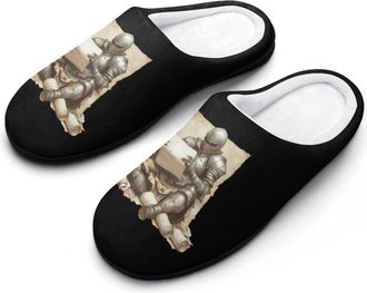 Generic Armored Knights Reading Treasure Map Cotton Slipper for Women Indoor Outdoor House Shoes Anti-Skid Slippers with Rubber Sole