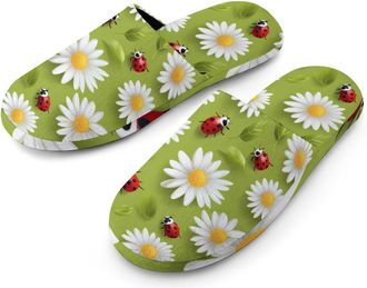 Generic Ladybugs And Daisy Flowers Mens Slippers Flannel Warm House Shoes with Rubber Anti-Slip Sole Slip On for Home Outdoor