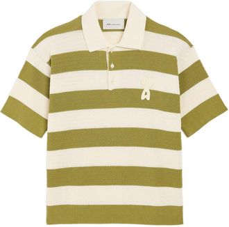 Ami White Cream/Matcha Striped Logo Polo Shirt