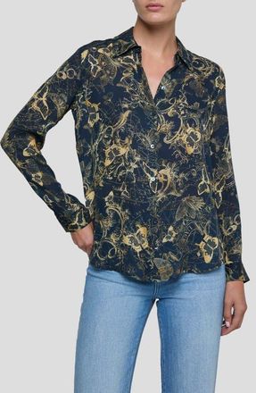 L'agence Nina Zodiac Toile Print Silk Button-Up Shirt in Midnight/Gold Zodiac Toile at Nordstrom, Size X-Small