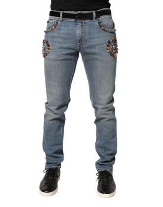 Dolce & Gabbana Blue Embellished Loose Cotton Men Denim Jeans Elastane Clothing