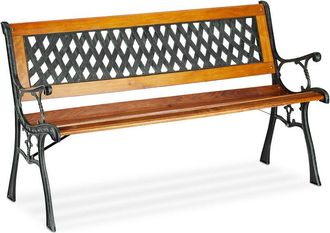 Relaxdays Relaxdays 2-Seater Garden Bench, Decorative Backrest, Cast Iron, Wood, Park Bench, HxWxD 73 x 125 x 52 cm, Natural