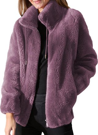 Generic Womens Fleece Jacket Ladies Lightweight Warm Full Zip Coat Bed Jacket with Pockets Causal Solid Color Long Sleeve Elegant Callor Lapel Cardigans Teddy