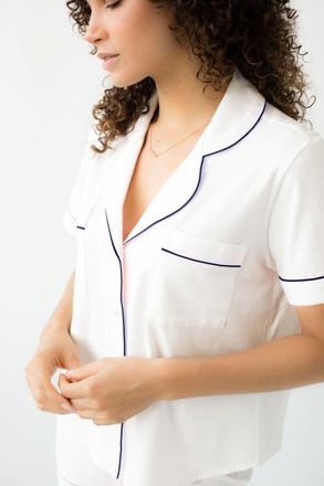 Salua Classic Luxury Shorties Pajamas in Brushed Pima Cotton in White/navy at Nordstrom, Size X-Large