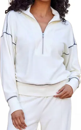 Karen Kane Half-Zip Contrast Stitch Pullover Top In Cream