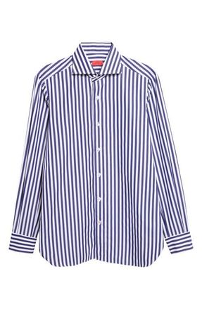 Isaia Rigato Stripe Poplin Button-Up Shirt in White/Navy at Nordstrom, Size 43