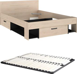 Vente-Unique Cama 140 x 190/200 cm con almacenamiento - Color: Natural y negro + Somier - KINSELIA