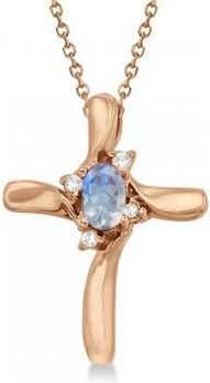 Allurez Moonstone & Diamond Cross Pendant Necklace 14K Rose Gold (0.50ct)