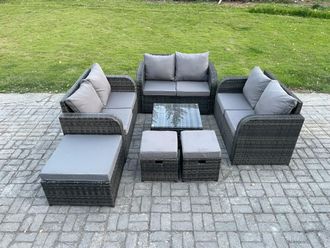 Fimous 9 Seater Outdoor Garden Furniture Sets Wicker Rattan Furniture Sofa Sets with Square Coffee Table Love seat Sofa 3 Footstools in Dark Grey