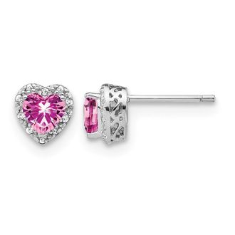 Diamond2Deal 14k White Gold 1/10 Ct Lab Grown Diamond and Heart Lab Created Pink Sapphire Stud Earrings