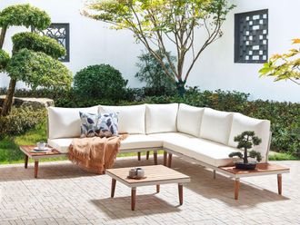 Beliani Conjunto De Jard&iacute;n De Madera De Acacia 5 Plazas Con Sof&aacute; Esquinero Y Mesa De Centro Cojines Blanco Crema Corato