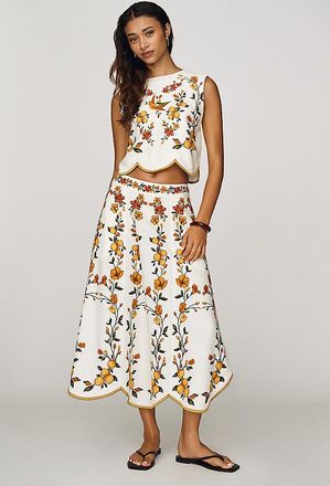Farm Rio Lemon Bouquet Linen Blend Midi Skirt