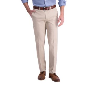 Haggar Mens Iron Free Premium Khaki Straight Fit Flat Front Flex Waist Casual Pant, Sand, 42W x 32L