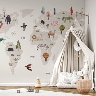 OEM Sfondo Fotografico - Mondo Beige - Continenti Con Animali Dai Colori Tenui