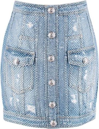 Balmain Crystal embellished denim mini skirt Size S