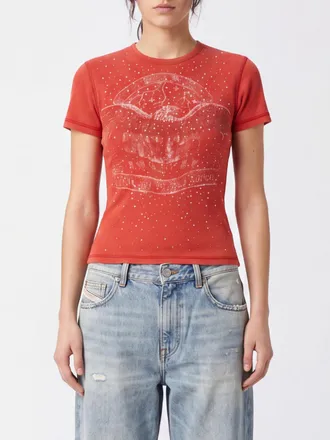 Diesel Slim Fit Cotton T-shirt with Embroidered Logo and Rhinestones