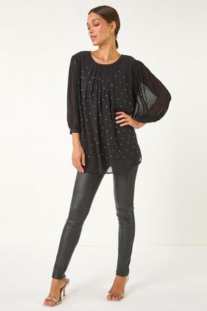 Roman Pleated Sleeve Hotfix Detail Top