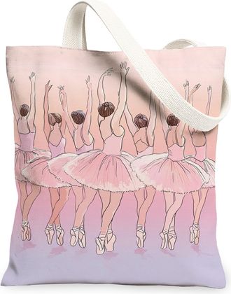 Generic Ballet Dancers Canvas Tote Bag, Artistic Dance Pattern Reusable Shopping Bag, Vintage Lightweight Washable Shoulder Strap C, Peach, 13x15 Inch