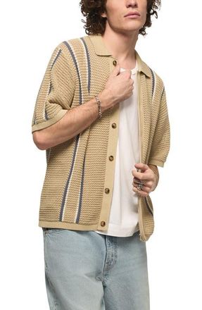 Lucky Brand Stripe Short Sleeve Cotton Button-Up Sweater in Tidal Foam at Nordstrom, Size Xx-Large