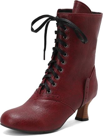 Generic Eestfy Womens Victorian Style Mid Calf Leather Lace Up Boots Kitten Heel Steampunk Party Dress Boots,Burgundy,4.5 UK