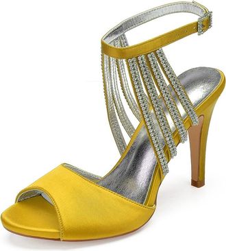 Generic Wedding Shoes Women Satin Sandal Ankle Strap Stiletto Heel Sandals Bridal Prom Evening Formal Party Shoes 10.5Cm,Yellow,4 UK