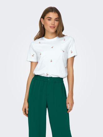 Only Kurzarmshirt ONLY ONLKETTY LIFE S/S O-NECK TOP JRS NOOS, Damen, Gr. XL, weiss (hellwei&szlig; aop:cherries), Jersey, Obermaterial: 100% Baumwolle, bedruckt,
