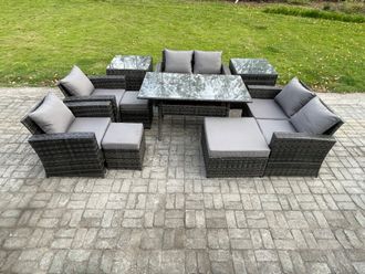 Fimous Garden Furniture Sets 10 Pieces Rattan Furniture Handmade Wicker Patio Sofa Set with 3 Footstools 2 Side Tables in Dark Grey